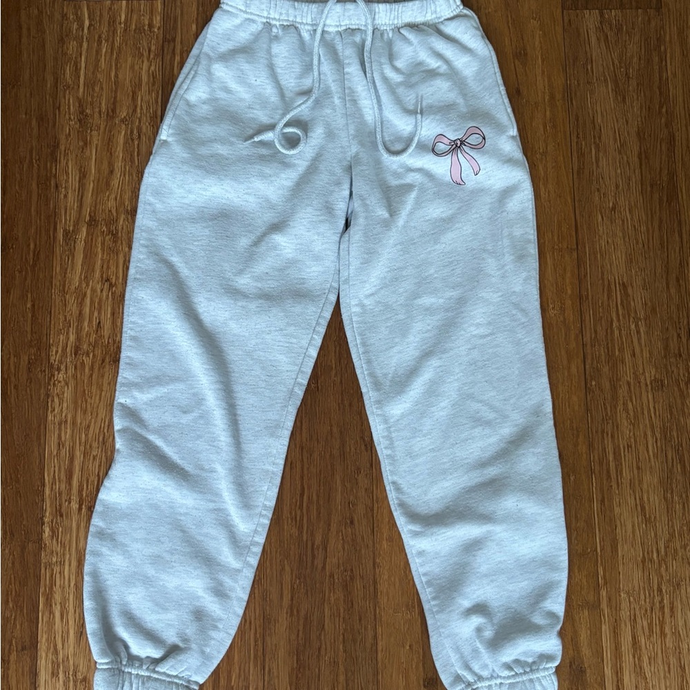 Gray Jogger Pants with Pink Bow Accent